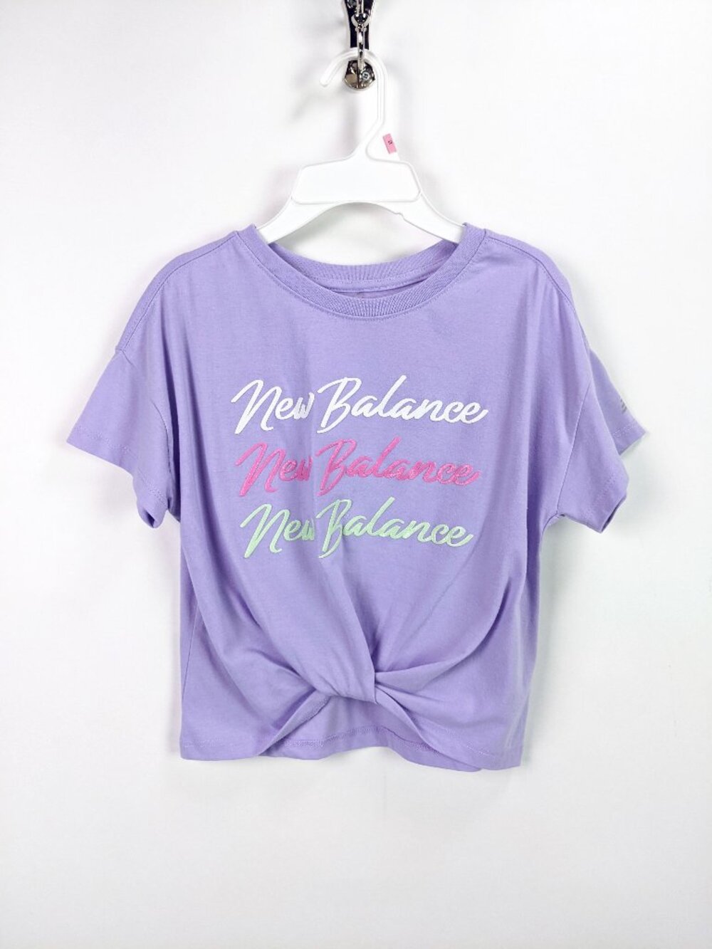 New Balance Girls Purple Graphic Logo T-Shirt Twist Front Crop Top Size S 7/8